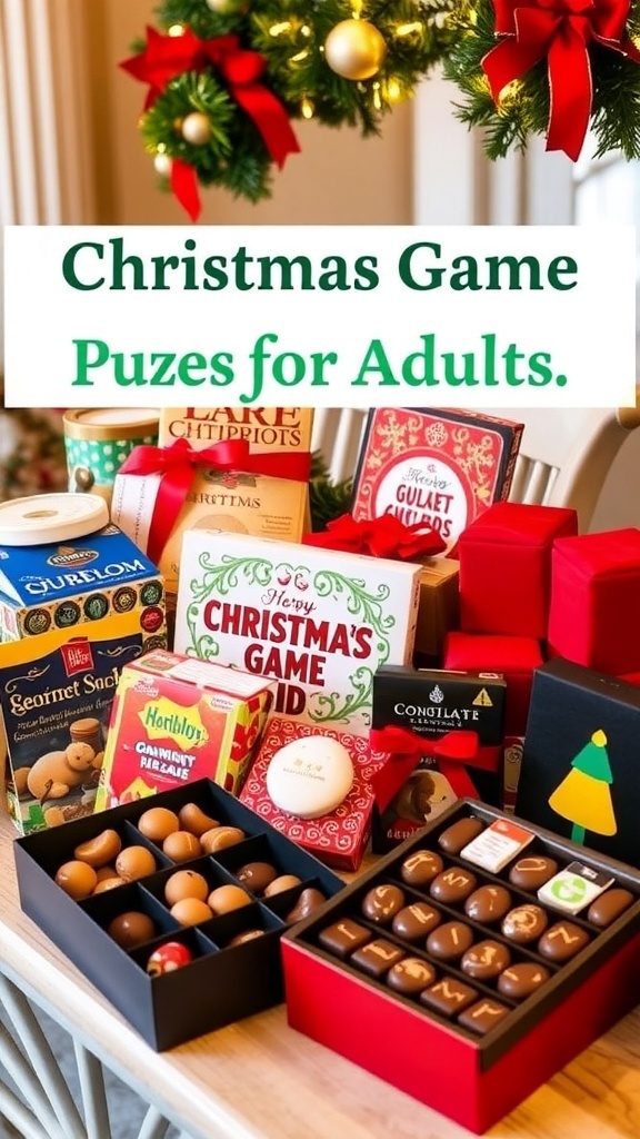 A selection of Christmas game prizes including gift cards, chocolates, and festive decorations on a holiday-themed table.